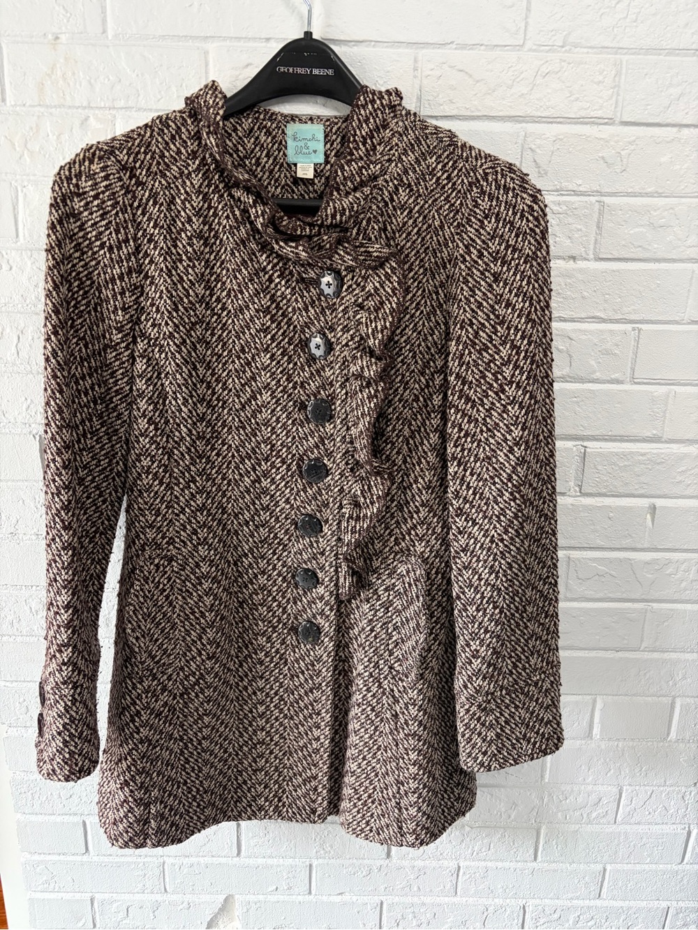 Kimchi Blue Brown & Cream Herringbone Ruffle-Front Pea Coat